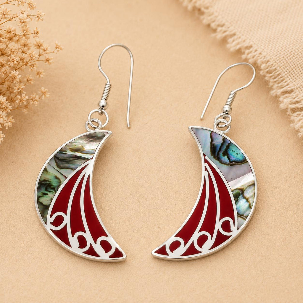 Abalone Shell Crescent Moon Earrings – Red Resin, Silver Plated, Taxco Artisan Jewelry