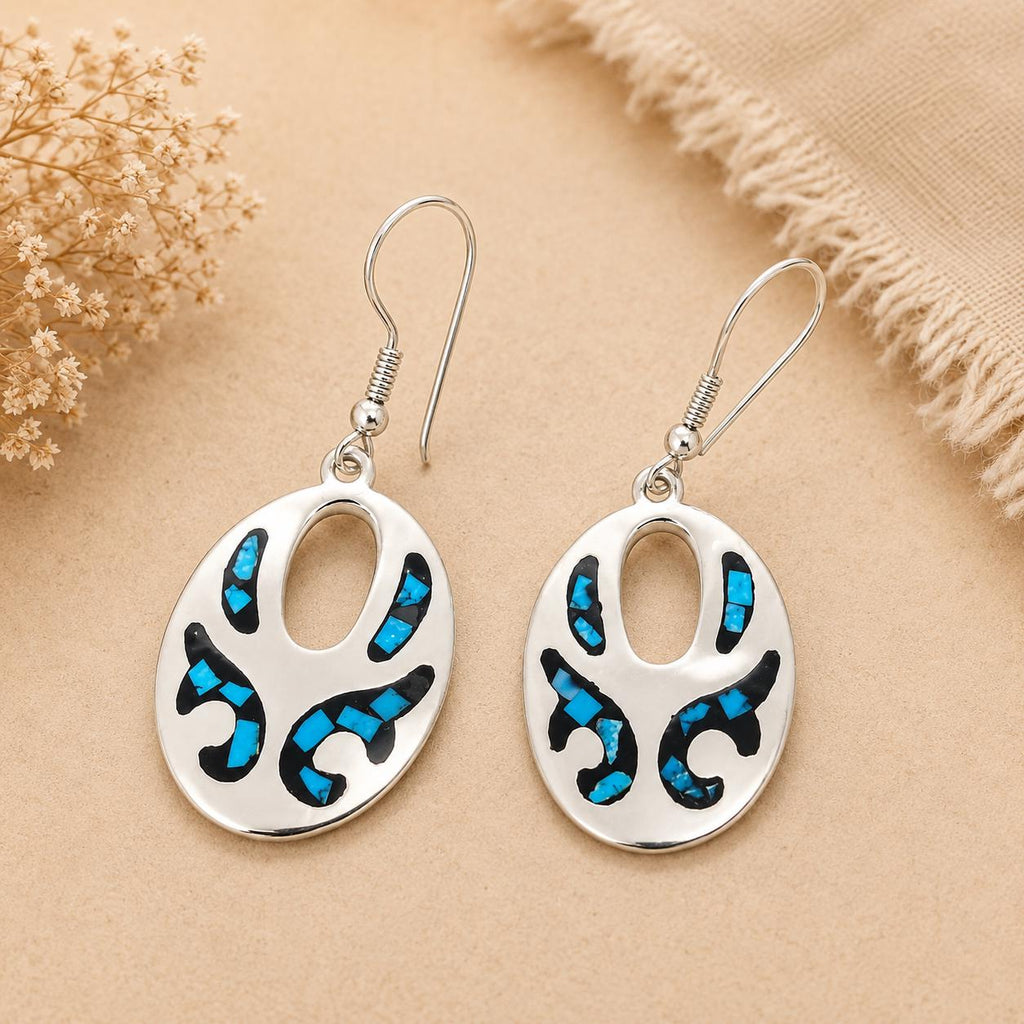 Silver Plated Turquoise Chip Inlay Earrings, Handmade Taxco Azteca Style Geometric Design