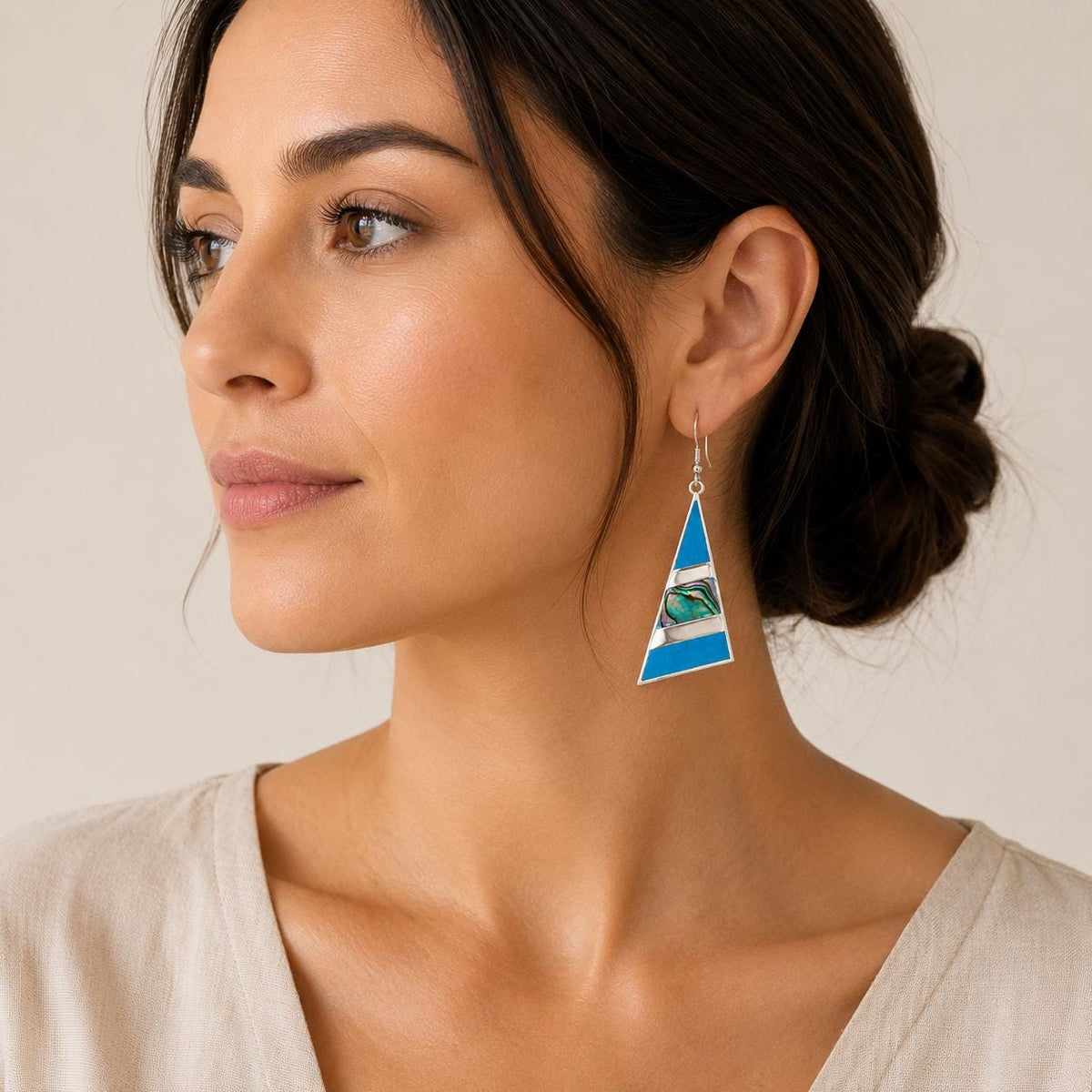 Geometric Abalone Inlay Earrings: Silver Plated Mexican Artisan Jewelry, Triangle Design
