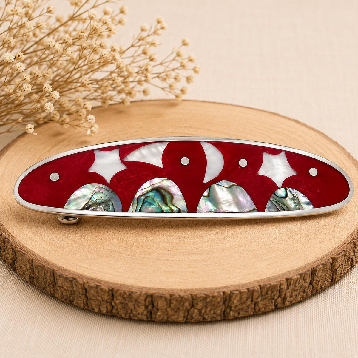 Handcrafted Silver Plated Hair Barrette with Mother of Pearl Celestial Design from Taxco, Mexico
