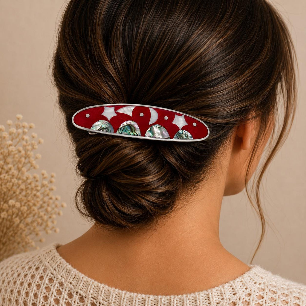 Handcrafted Silver Plated Hair Barrette with Mother of Pearl Celestial Design from Taxco, Mexico