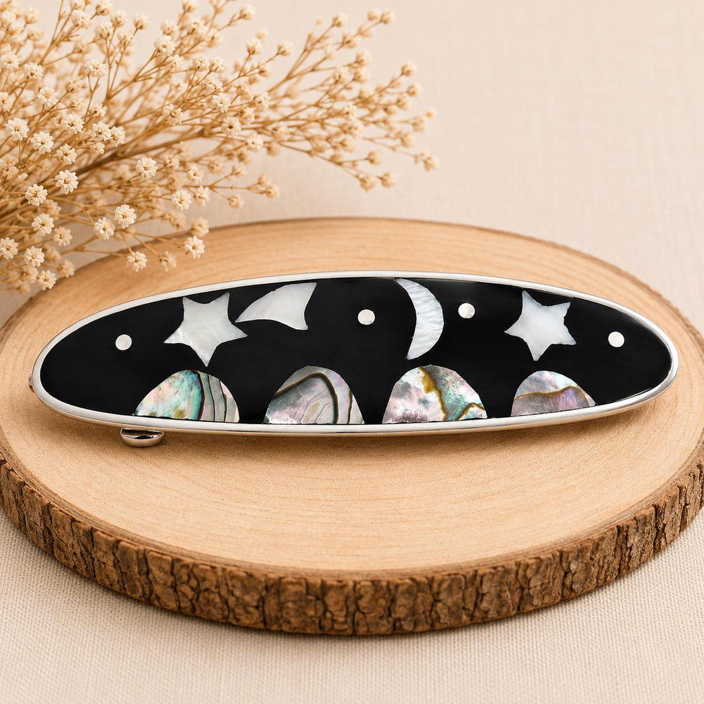 Silver Plated Moon Star Hair Clip – Artisan Mexican Abalone Shell Barrette