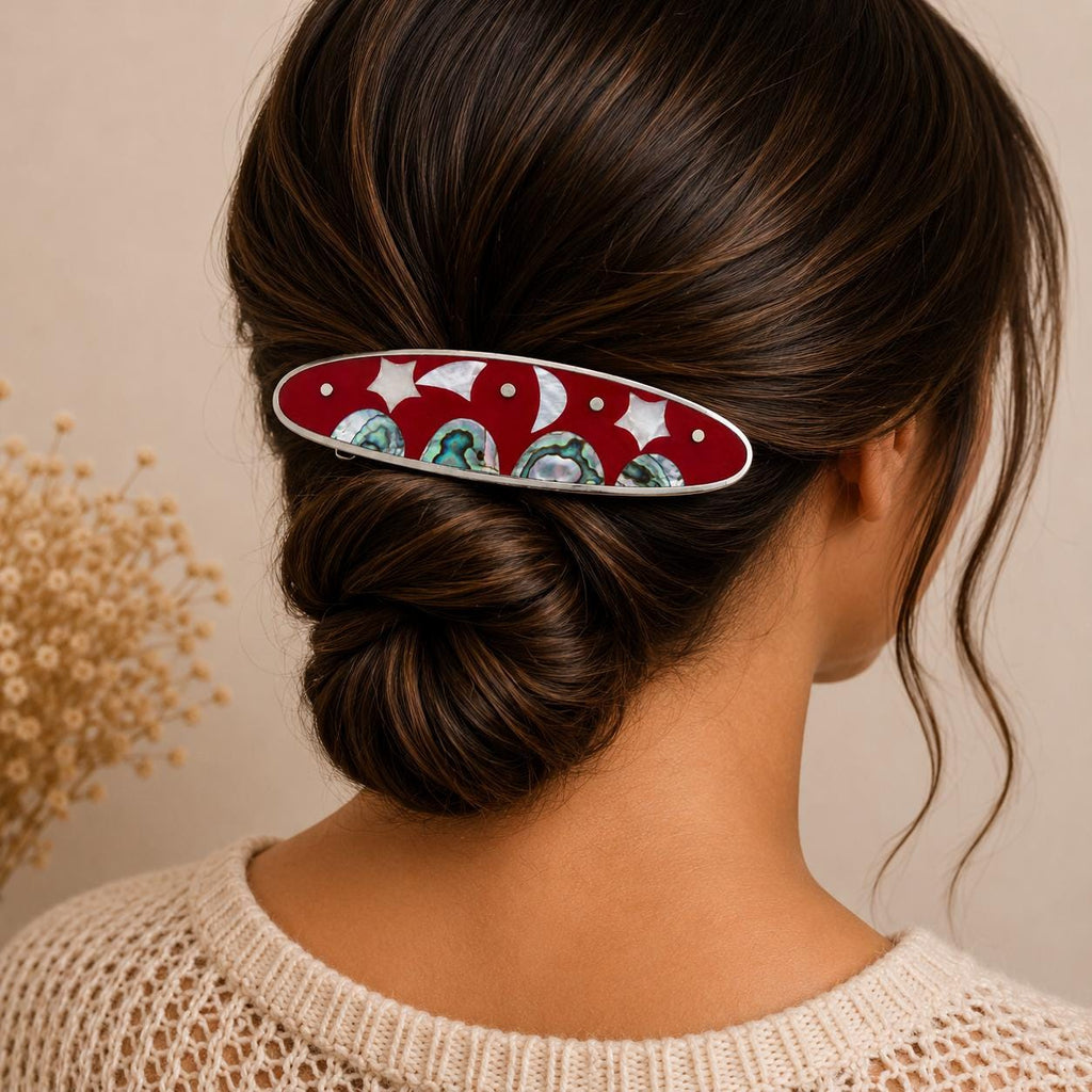 Handmade Silver 950 Hair Barrette: Moon, Star, Kite, Abalone Shell, Red Enamel Resin