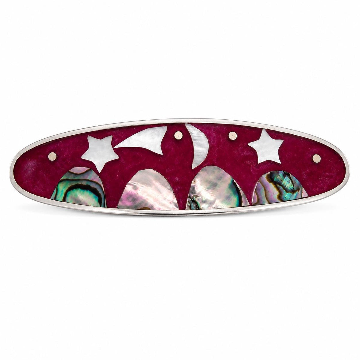 Handcrafted Celestial Hair Barrette – Red Enamel, Mother of Pearl, Silver Plated Mexican Artisan Accessory