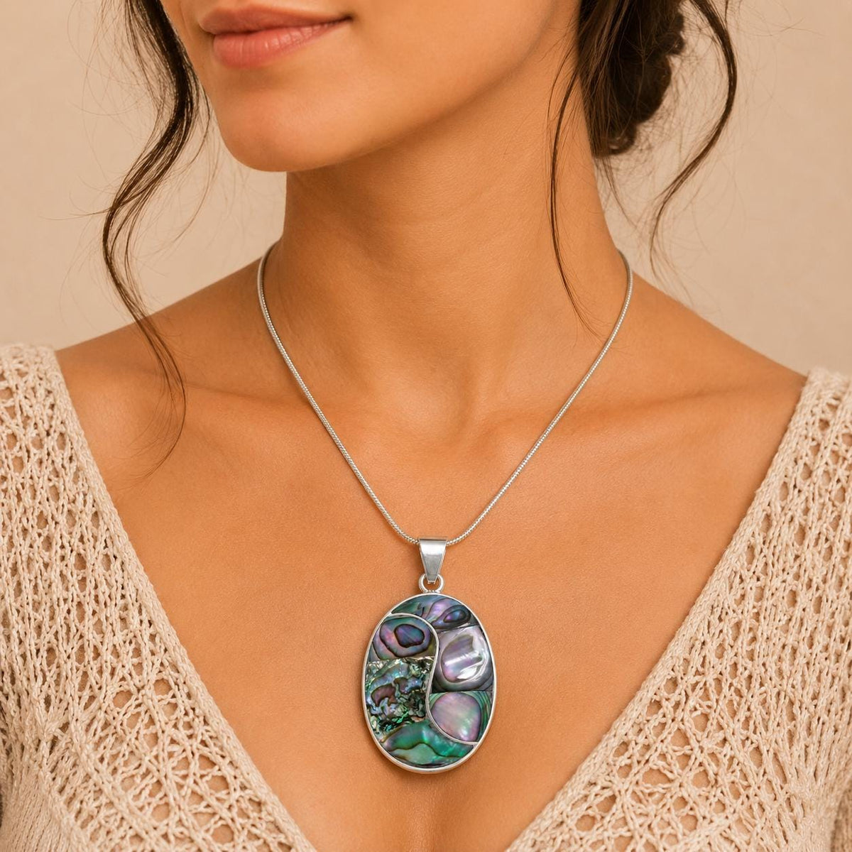 Mexican Handcrafted Abalone Shell Pendant with Boho Chic Silver Plating