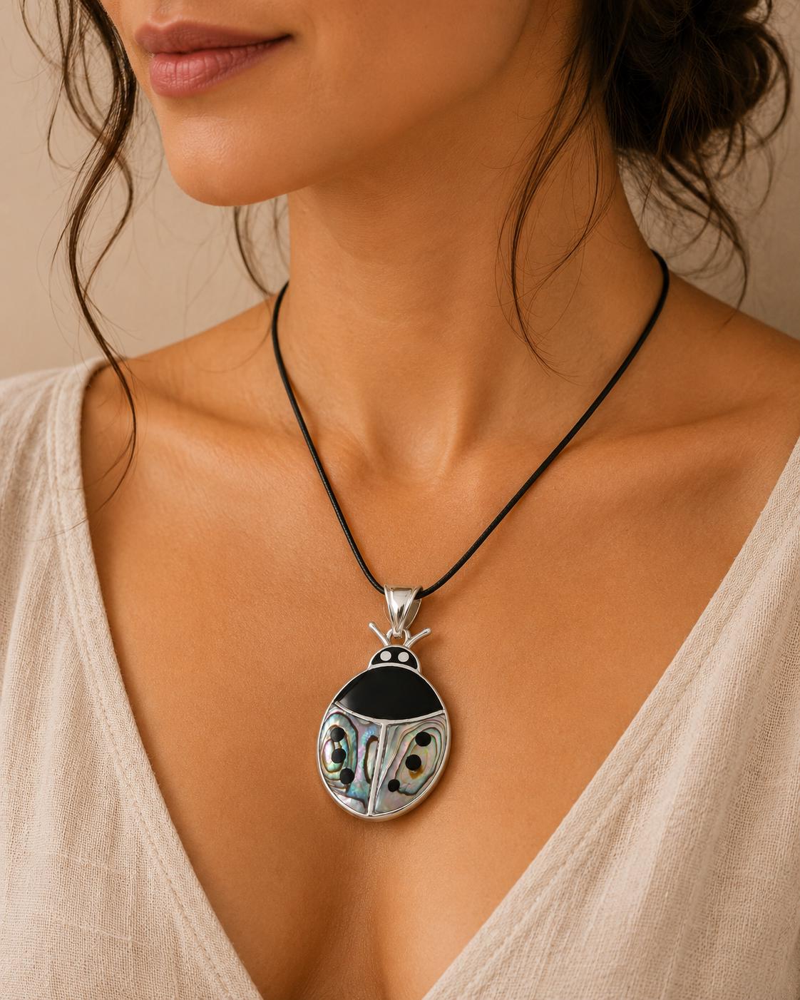 Silver Plated Abalone Ladybug Pendant – Mexican Artisan Boho Chic Jewelry