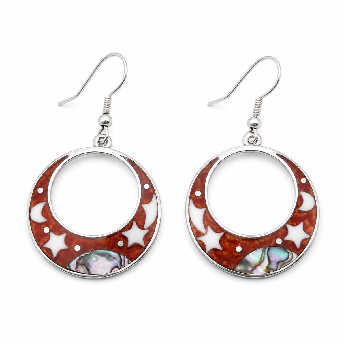 Celestial Hoop Earrings with Abalone Shell – Silver Plated Mexican Artisan Jewelry