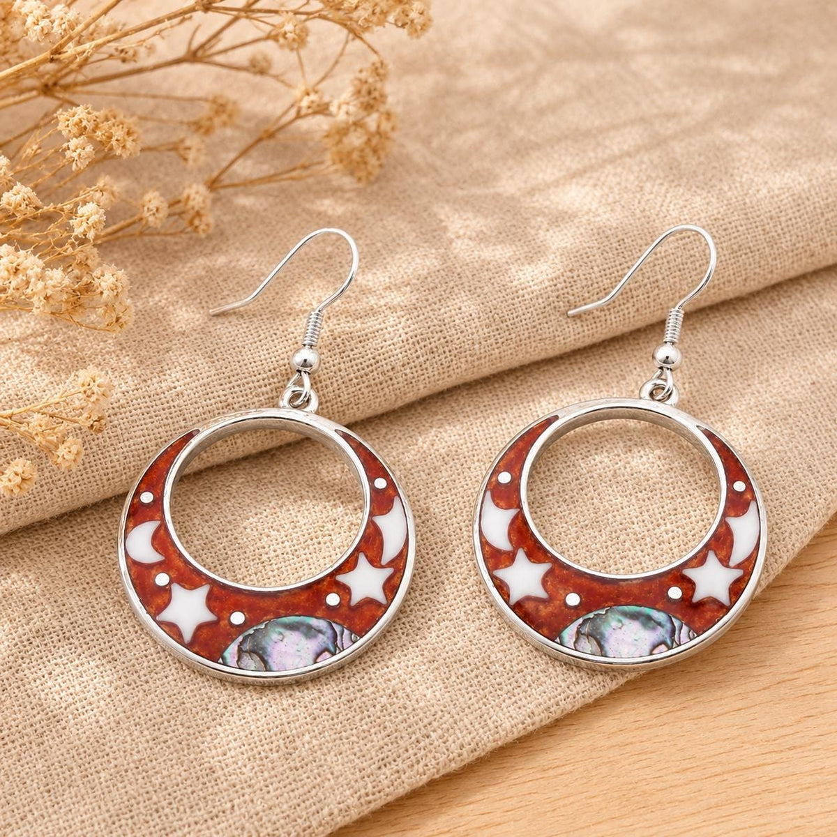 Celestial Hoop Earrings with Abalone Shell – Silver Plated Mexican Artisan Jewelry