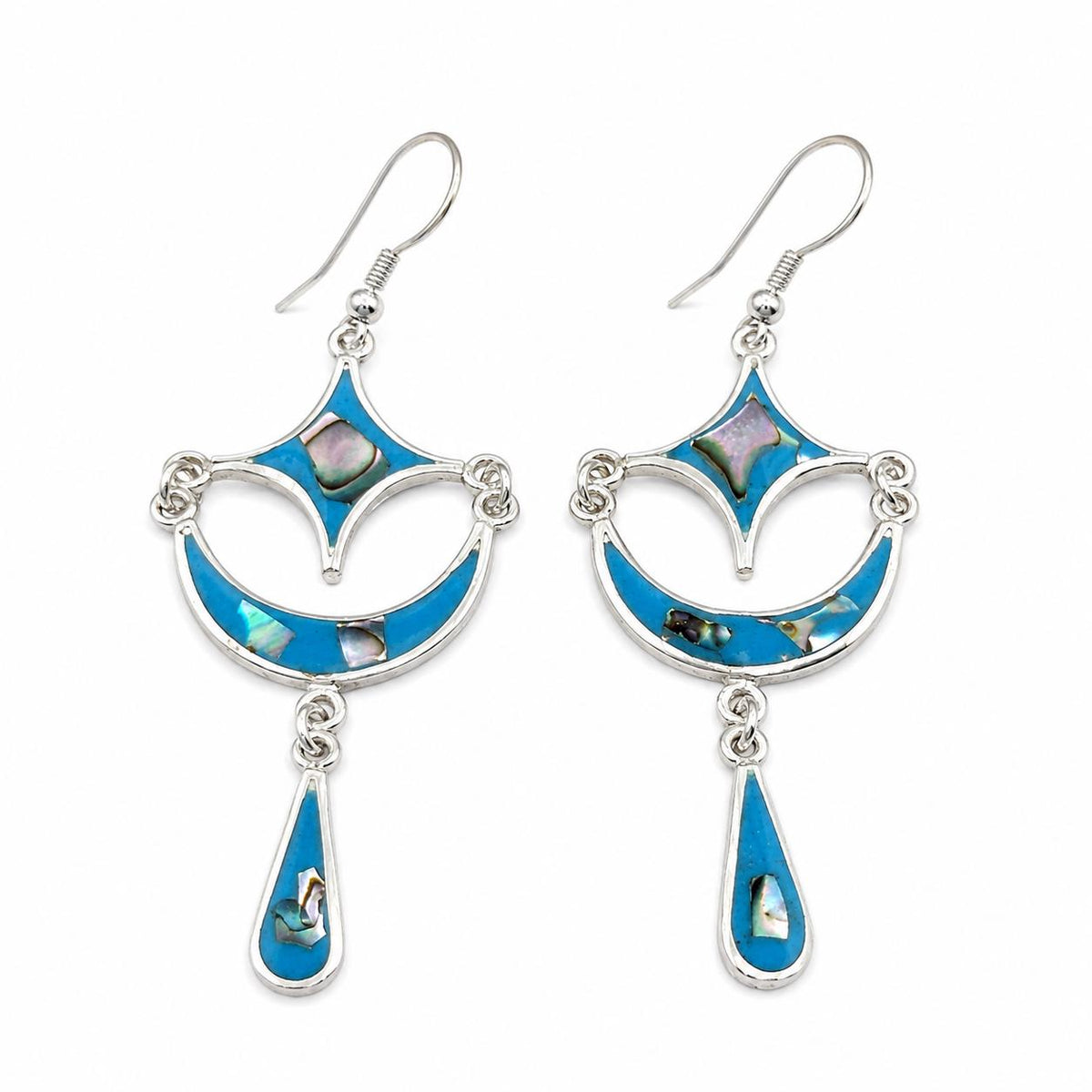 Abalone Shell & Blue enamel Inlay Crescent Moon and Star celestial earrings