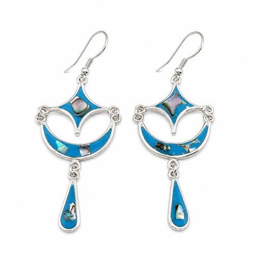 Abalone Shell & Blue enamel Inlay Crescent Moon and Star celestial earrings