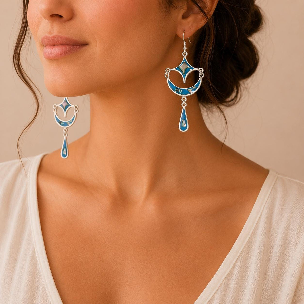 Abalone Shell & Blue enamel Inlay Crescent Moon and Star celestial earrings