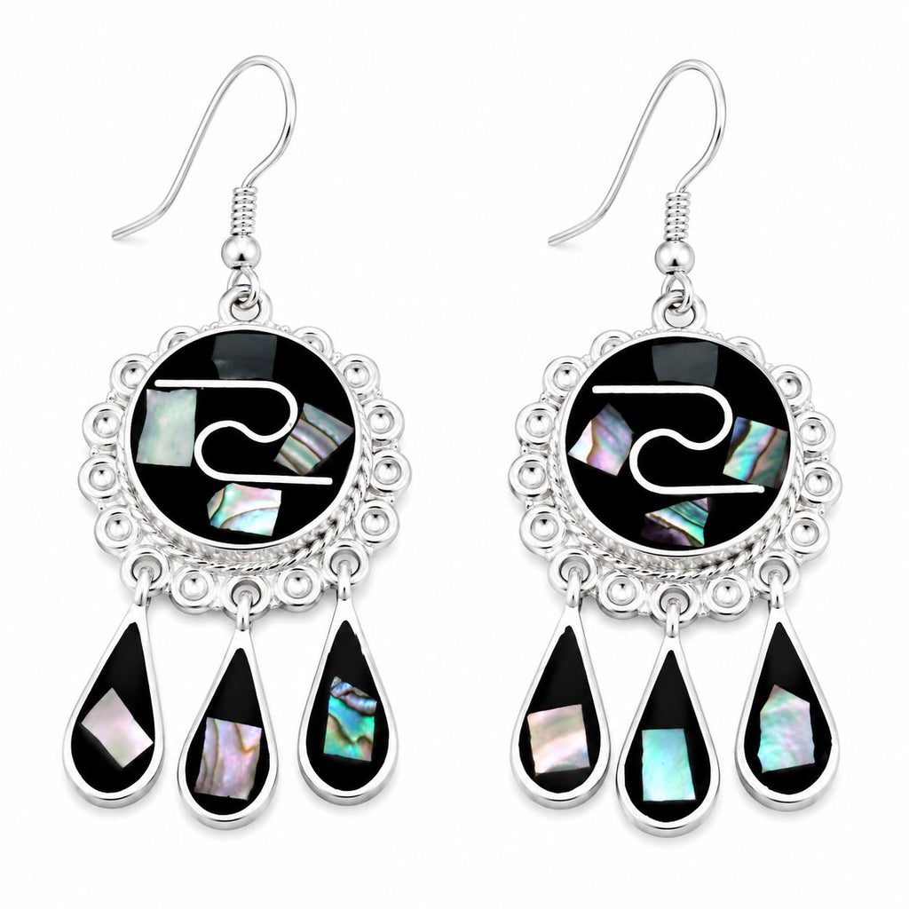 Silver Plated Mexican Tassel Earrings with Mosaic Abalone Inlay
