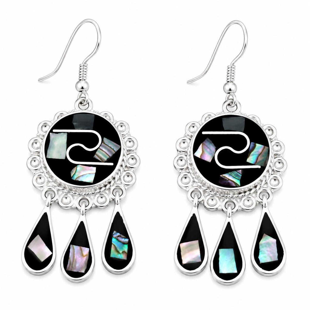 Silver Plated Mexican Tassel Earrings with Mosaic Abalone Inlay
