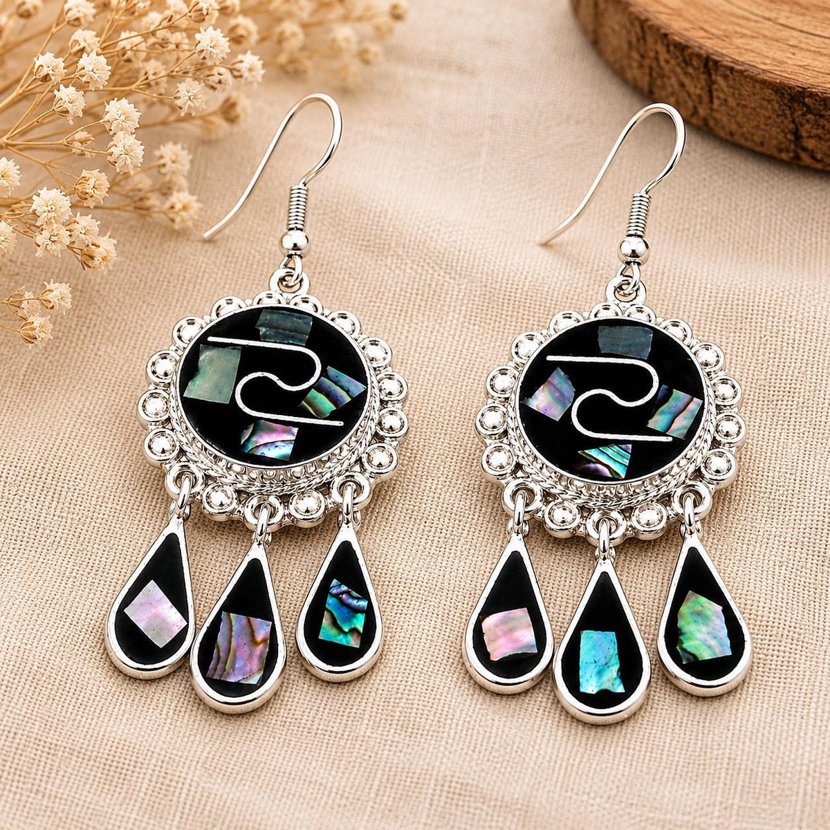 Silver Plated Mexican Tassel Earrings with Mosaic Abalone Inlay