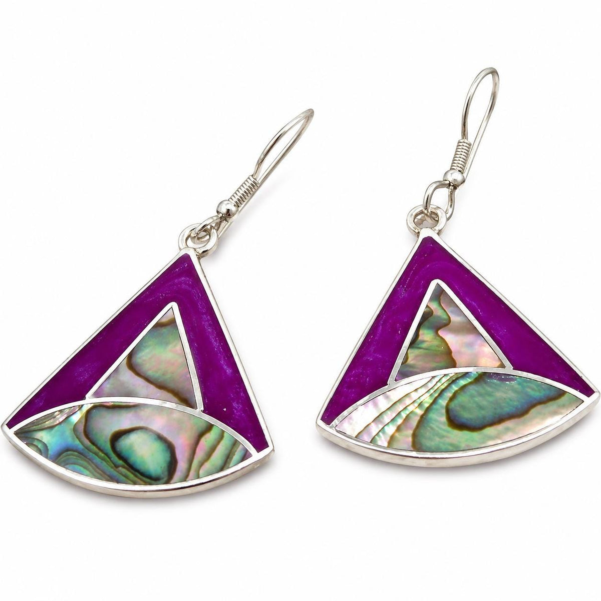 Art Deco Abalone Shell Triangle Earrings with Bougainvillea Enamel Effect – Silver Plated Mexican Jewelry