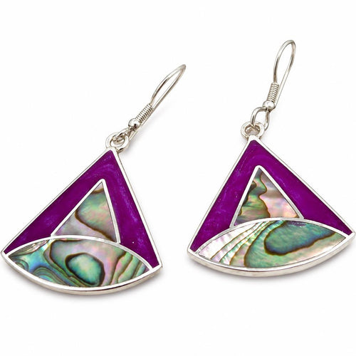 Art Deco Abalone Shell Triangle Earrings with Bougainvillea Enamel Effect – Silver Plated Mexican Jewelry