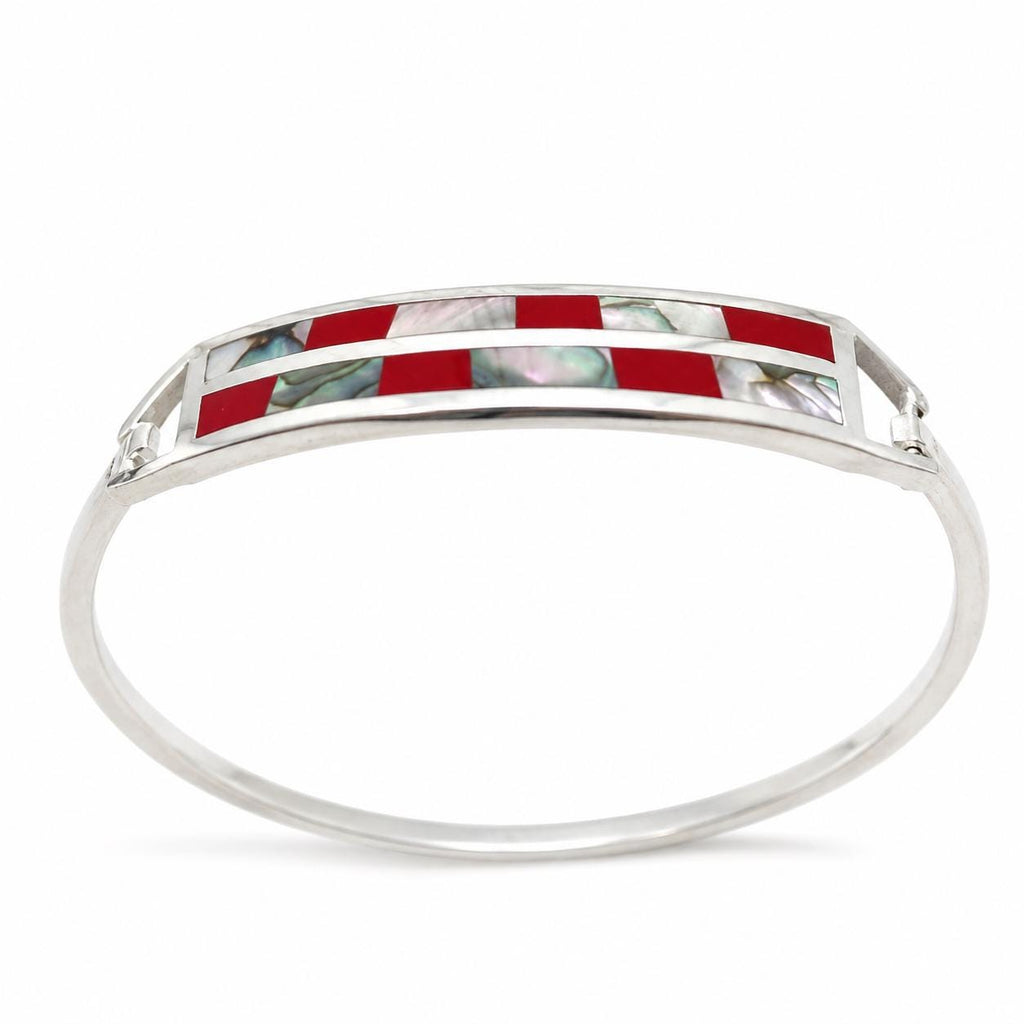Handmade Taxco Silver Plated Cuff Bracelet – Abalone Shell, Red Resin Inlay Southwestern Jewelry