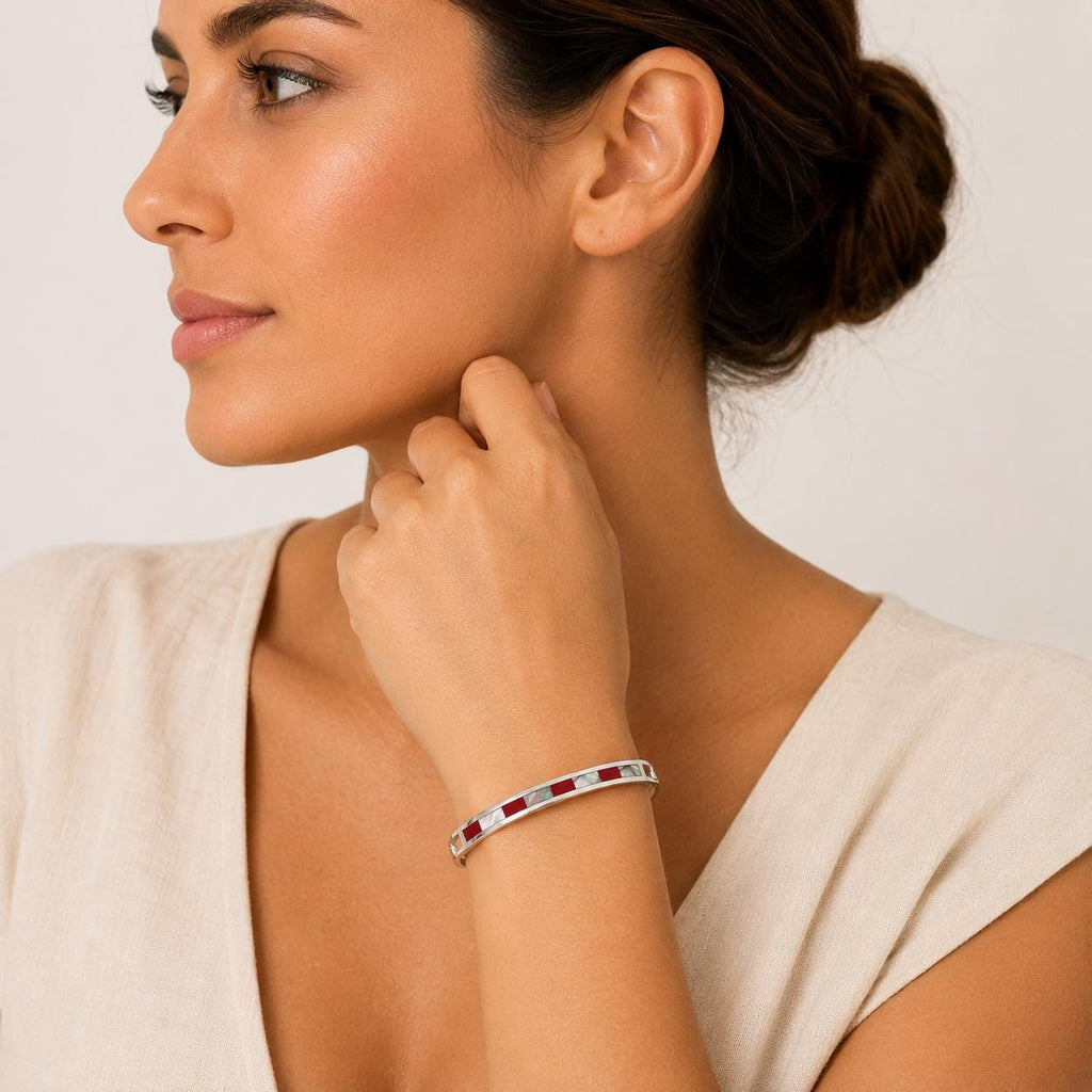 Handmade Taxco Silver Plated Cuff Bracelet – Abalone Shell, Red Resin Inlay Southwestern Jewelry