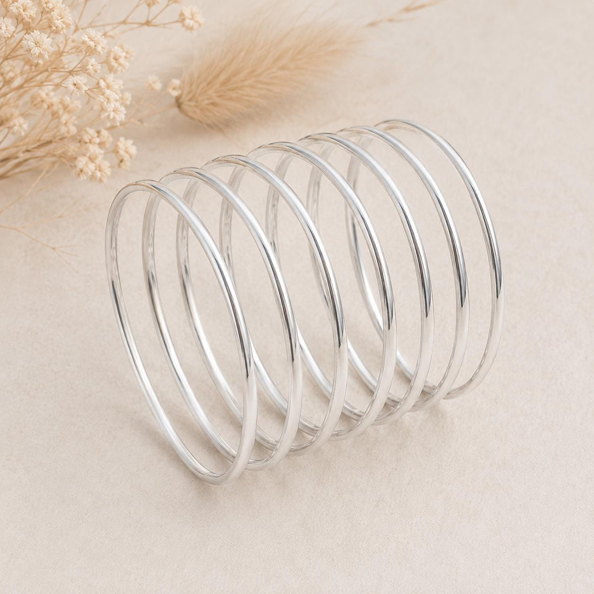 Set of 7 Silver Plated Mexican Boho Bangles: Half Round Weekly Wear Accessory