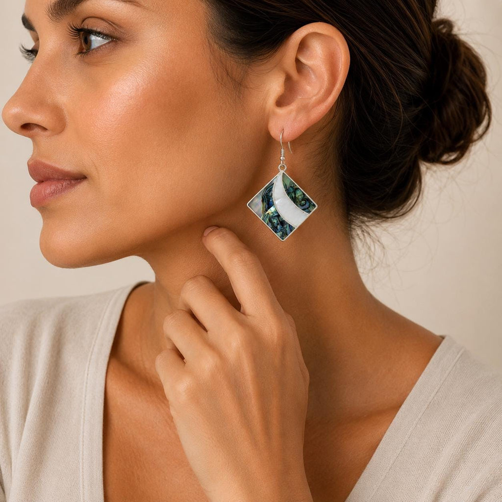 Silver Plated Abalone Mother of Pearl Earrings: Hand Cut Boho Mexican Jewelry