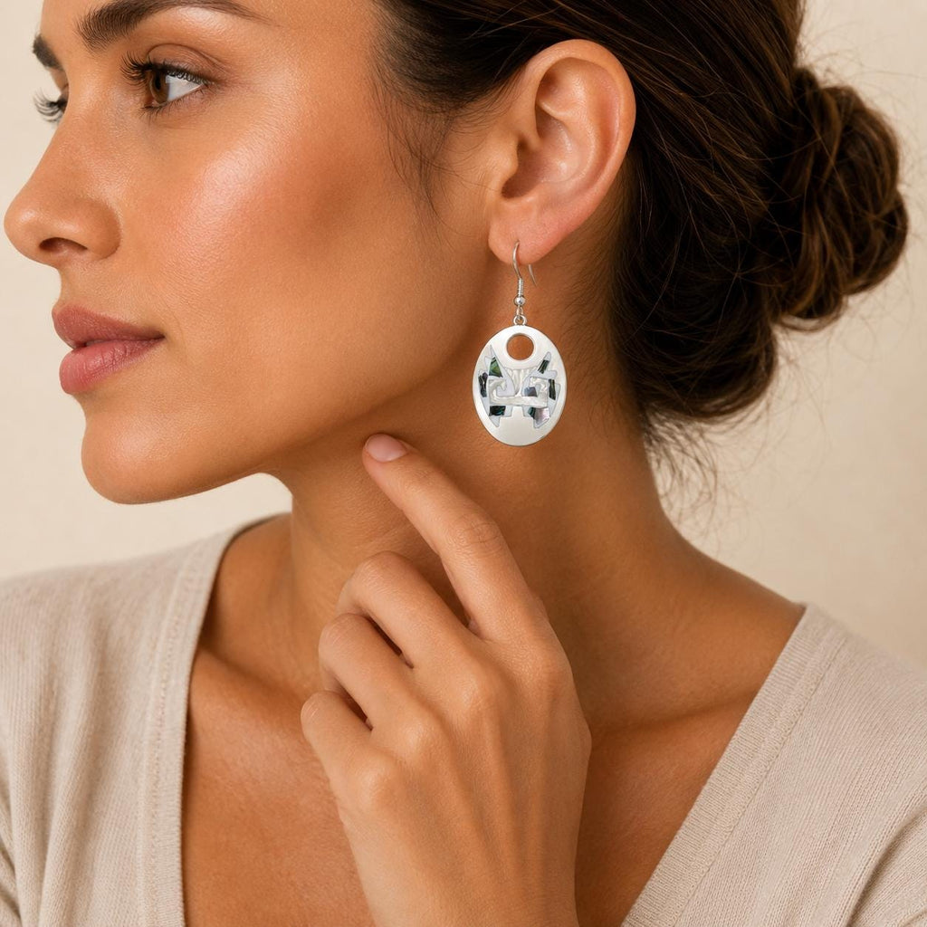 Silver Plated Abalone Inlay Aztec Earrings, Handcrafted Mexican Jewelry, Enamel Resin