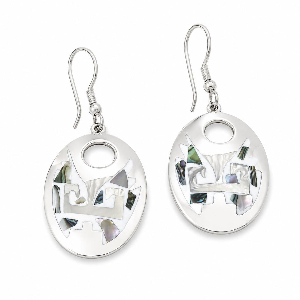 Silver Plated Abalone Inlay Aztec Earrings, Handcrafted Mexican Jewelry, Enamel Resin