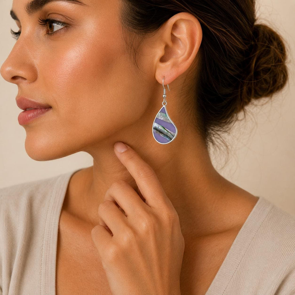 Exquisite Silver Plated Abalone Inlay Earrings: Handcrafted Boho Chic Jewelry from Taxco, Mexico