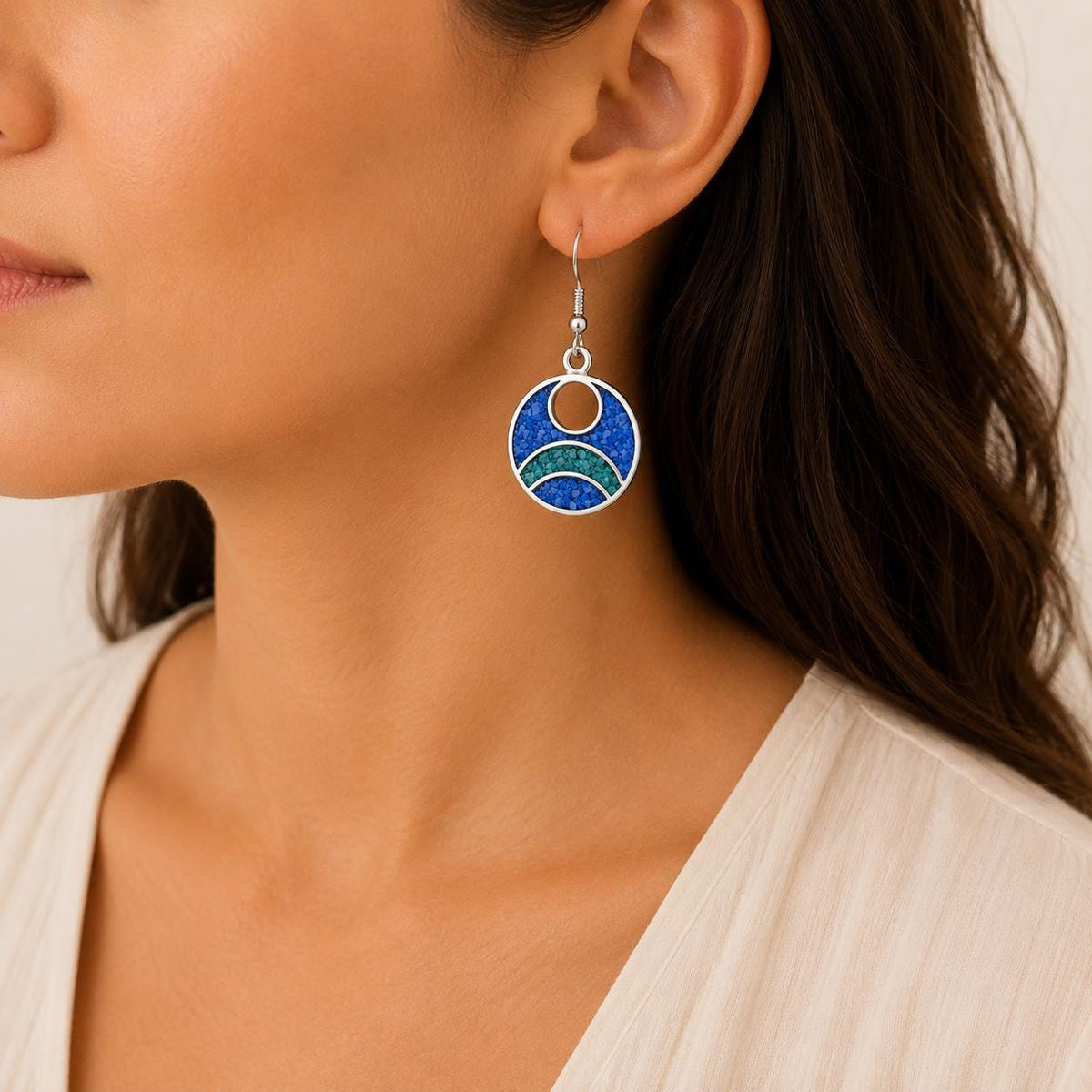 Taxco Silver Hoop Earrings – Turquoise, Malachite Inlay, Boho Chic Style