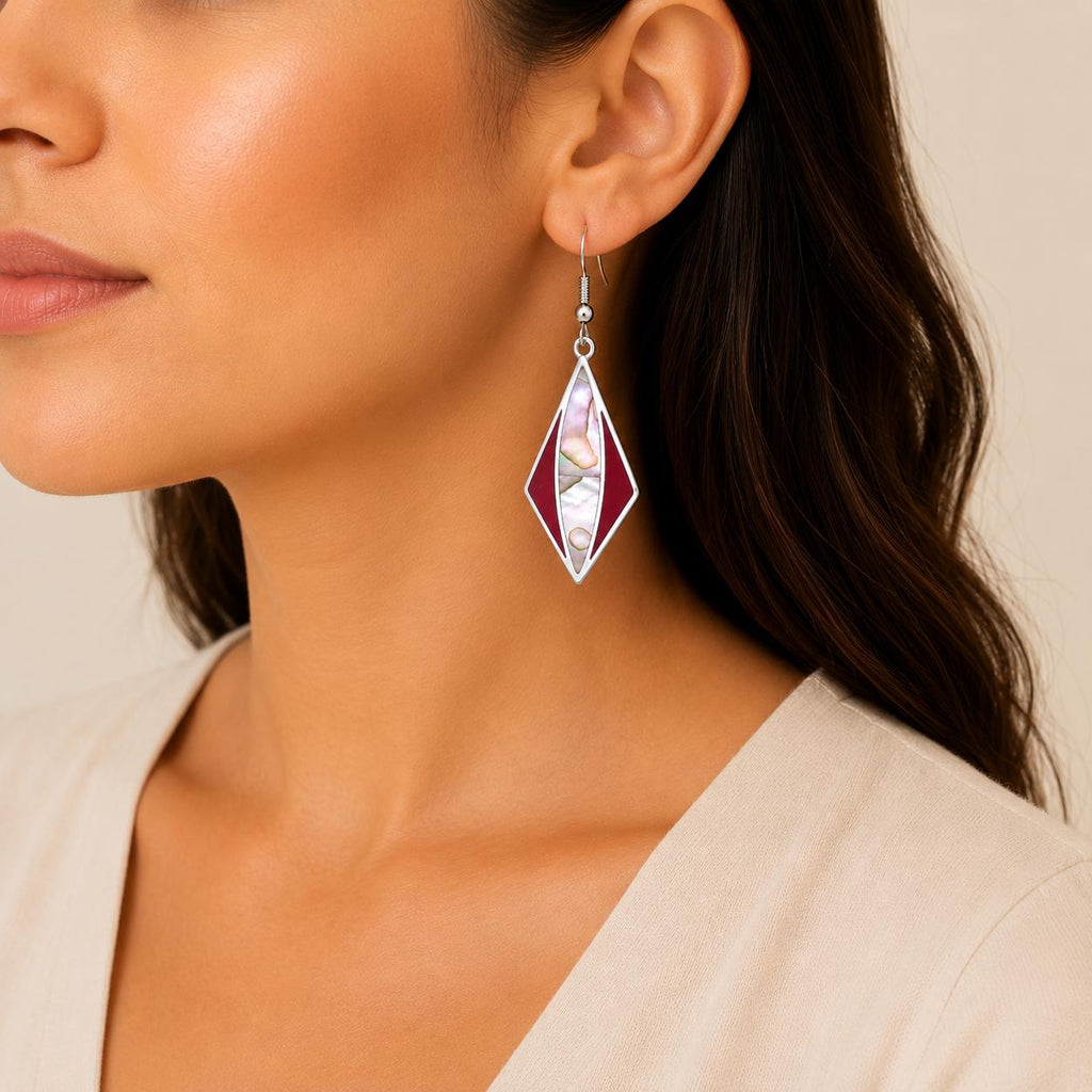 Handcrafted Abalone Shell Earrings with Red Enamel Effect – Silver Plated Mexican Artisan Jewelry