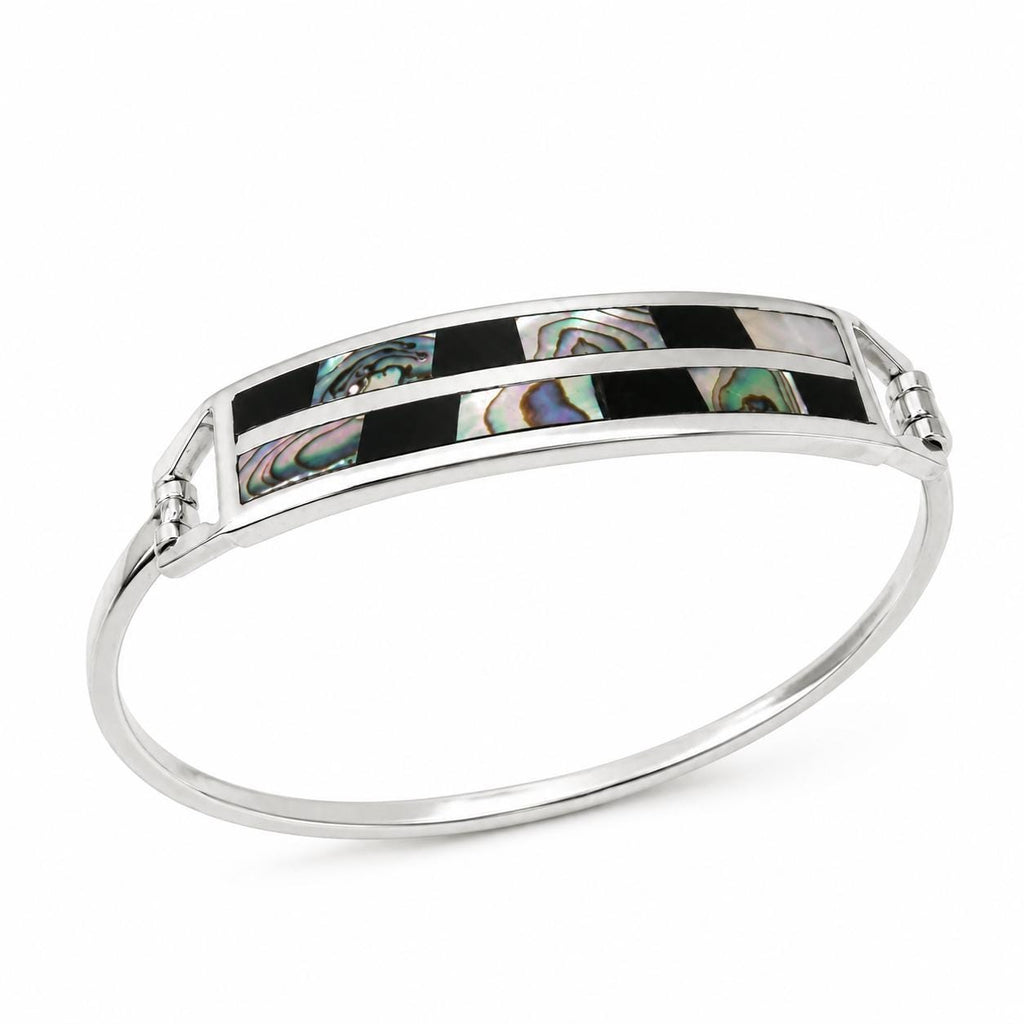 Unique Handcrafted Silver Plated Mexican Bracelet with Abalone Mosaic Design & Resin Insets