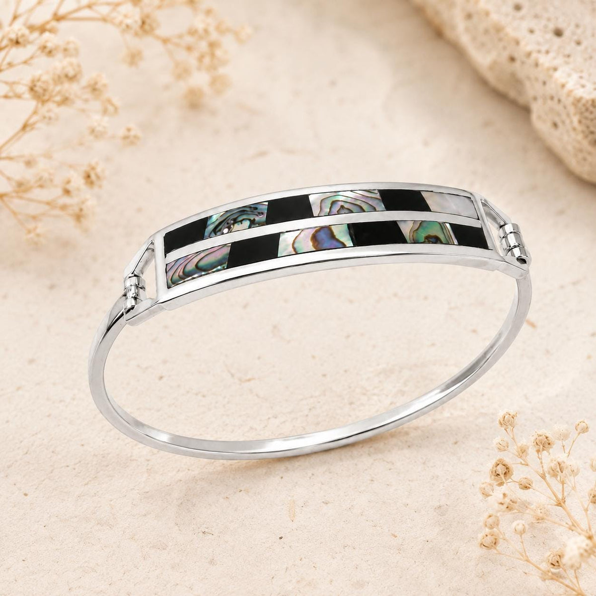 Unique Handcrafted Silver Plated Mexican Bracelet with Abalone Mosaic Design & Resin Insets
