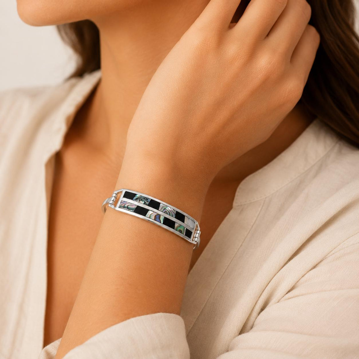 Unique Handcrafted Silver Plated Mexican Bracelet with Abalone Mosaic Design & Resin Insets