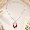 Silver Plated Mother of Pearl Flower Pendant – Red Enamel Resin Artisan Jewelry