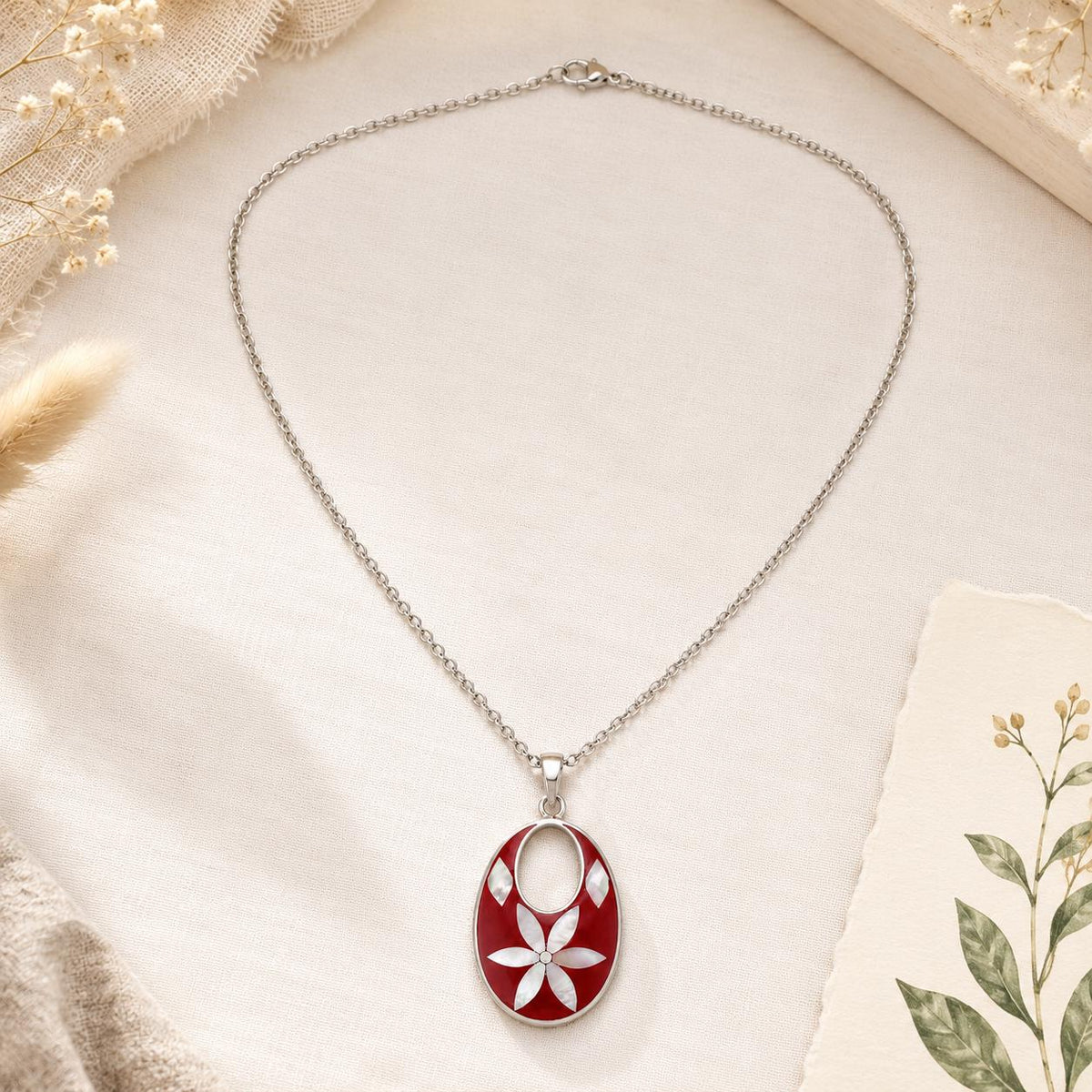 Silver Plated Mother of Pearl Flower Pendant – Red Enamel Resin Artisan Jewelry