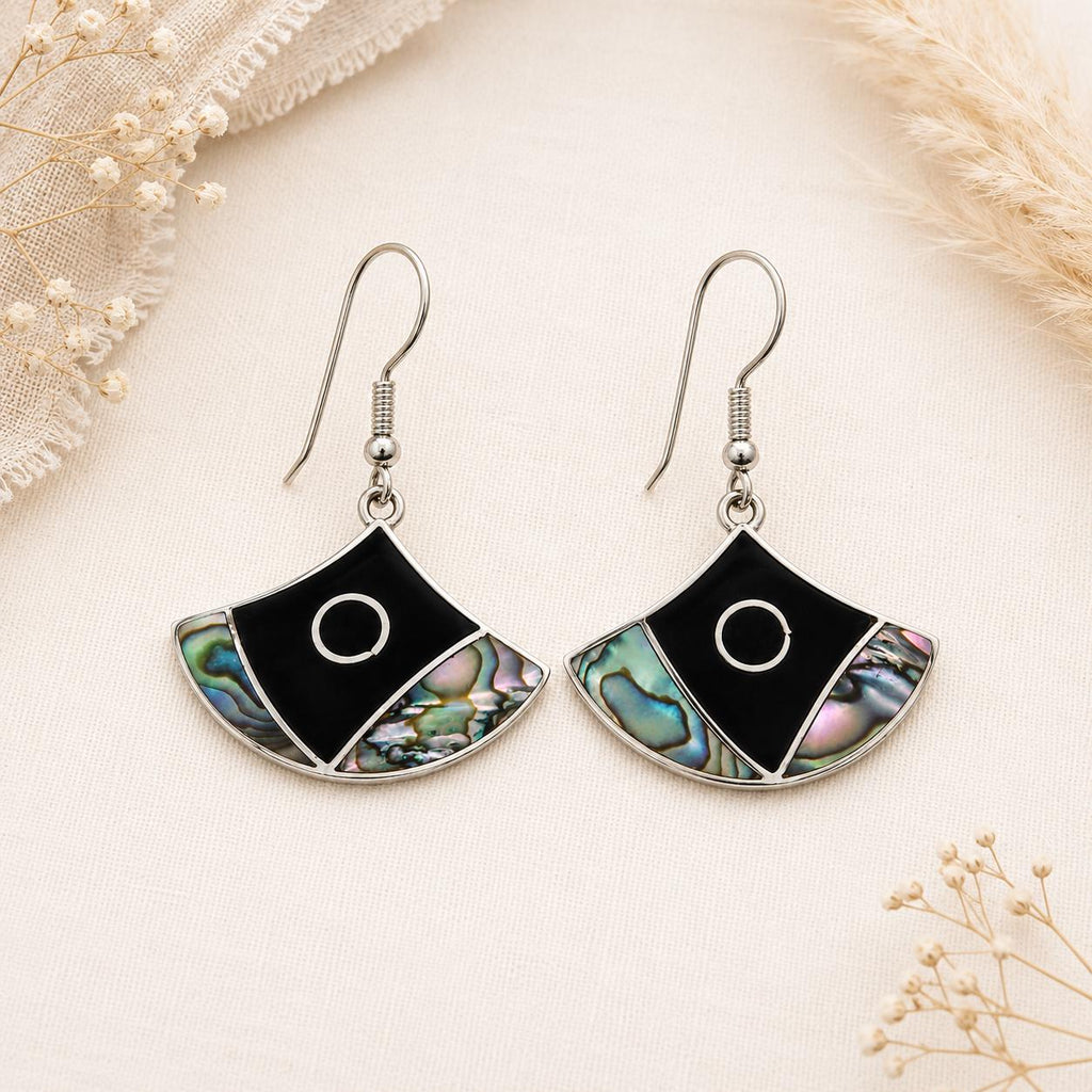 Silver Plated Mexican Jewelry with Abalone Shell Fan Earrings Handmade in Taxco