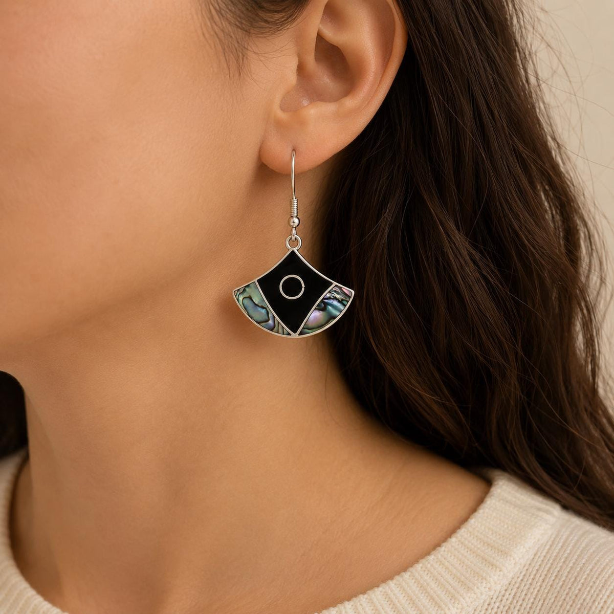 Silver Plated Mexican Jewelry with Abalone Shell Fan Earrings Handmade in Taxco