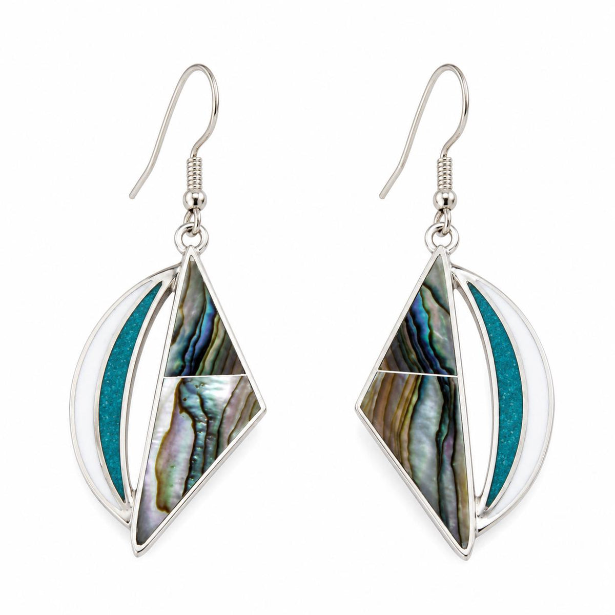 Handmade Abalone Moon Earrings: Silver Plated Taxco Boho Jewelry Enamel Effect