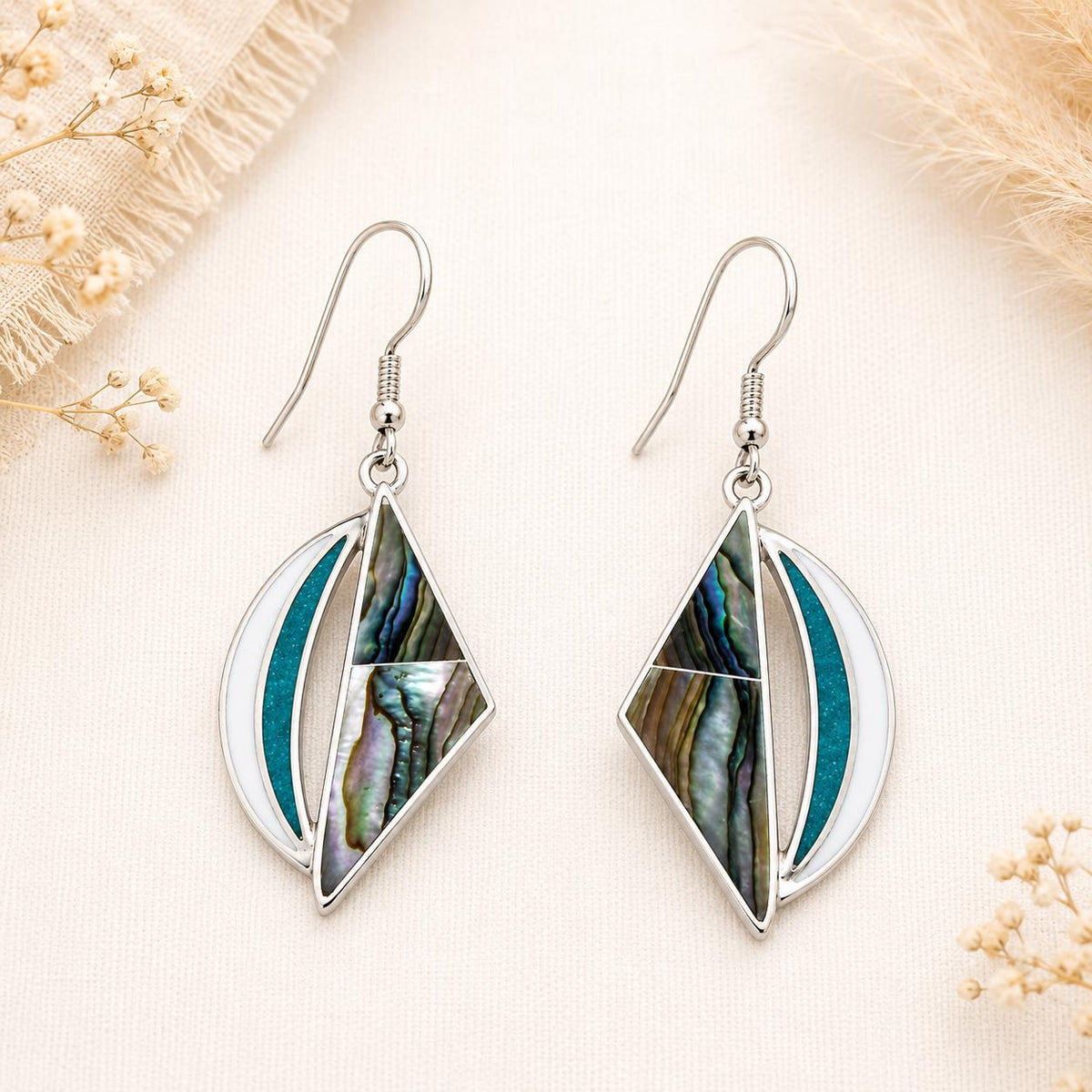 Handmade Abalone Moon Earrings: Silver Plated Taxco Boho Jewelry Enamel Effect