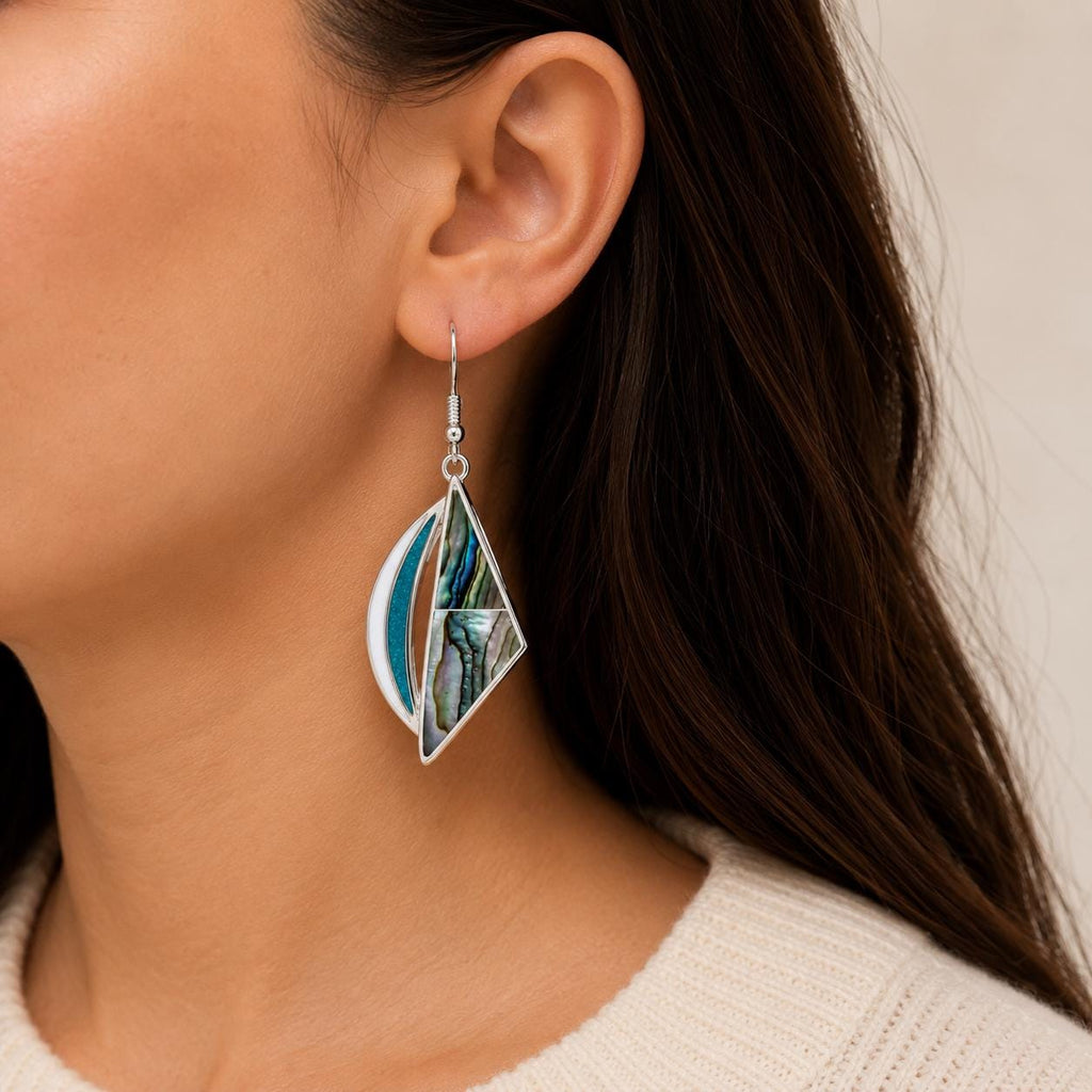 Handmade Abalone Moon Earrings: Silver Plated Taxco Boho Jewelry Enamel Effect