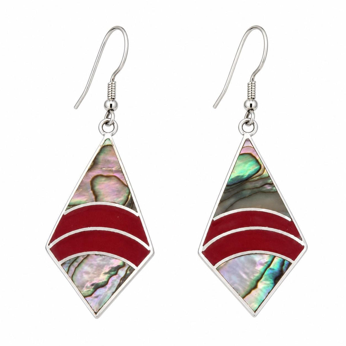 Handcrafted Silver Plated Abalone Shell Earrings – Geometric Rhombus Design from Taxco