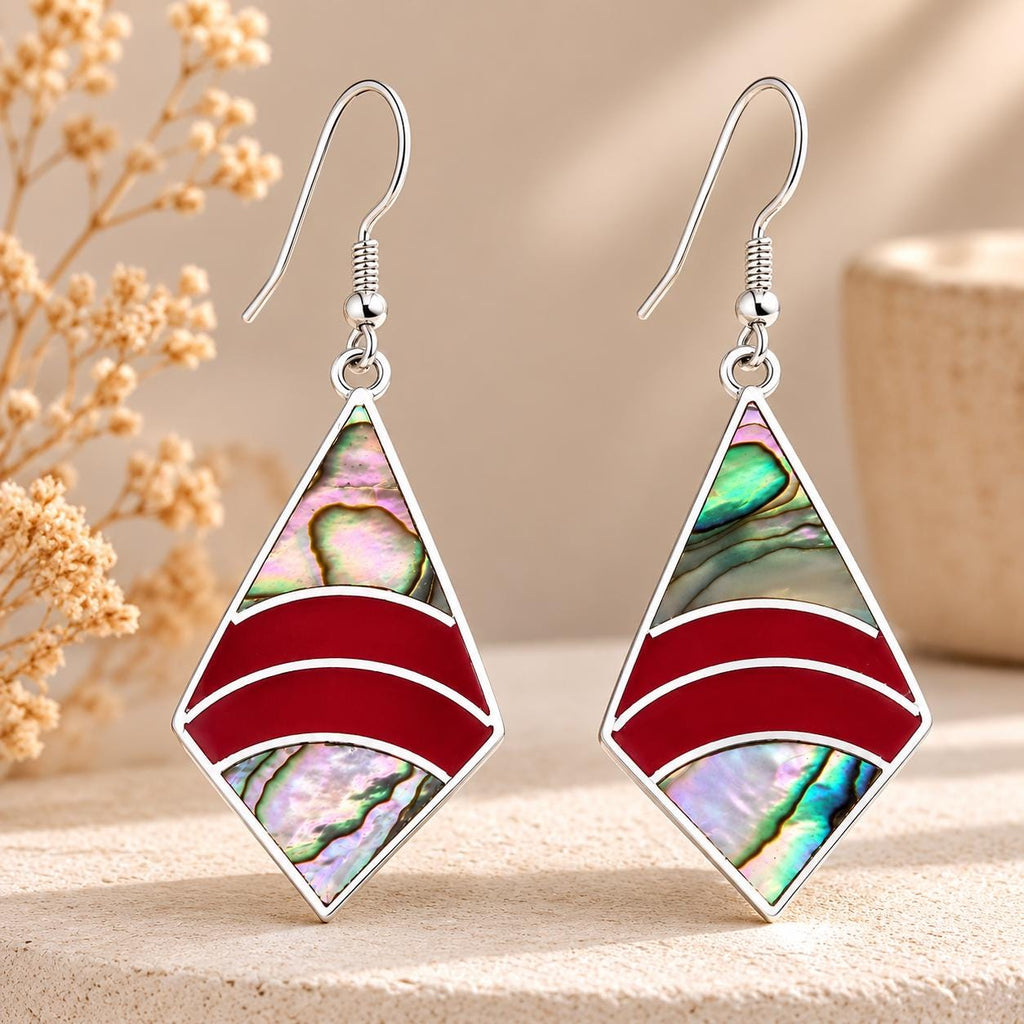 Handcrafted Silver Plated Abalone Shell Earrings – Geometric Rhombus Design from Taxco