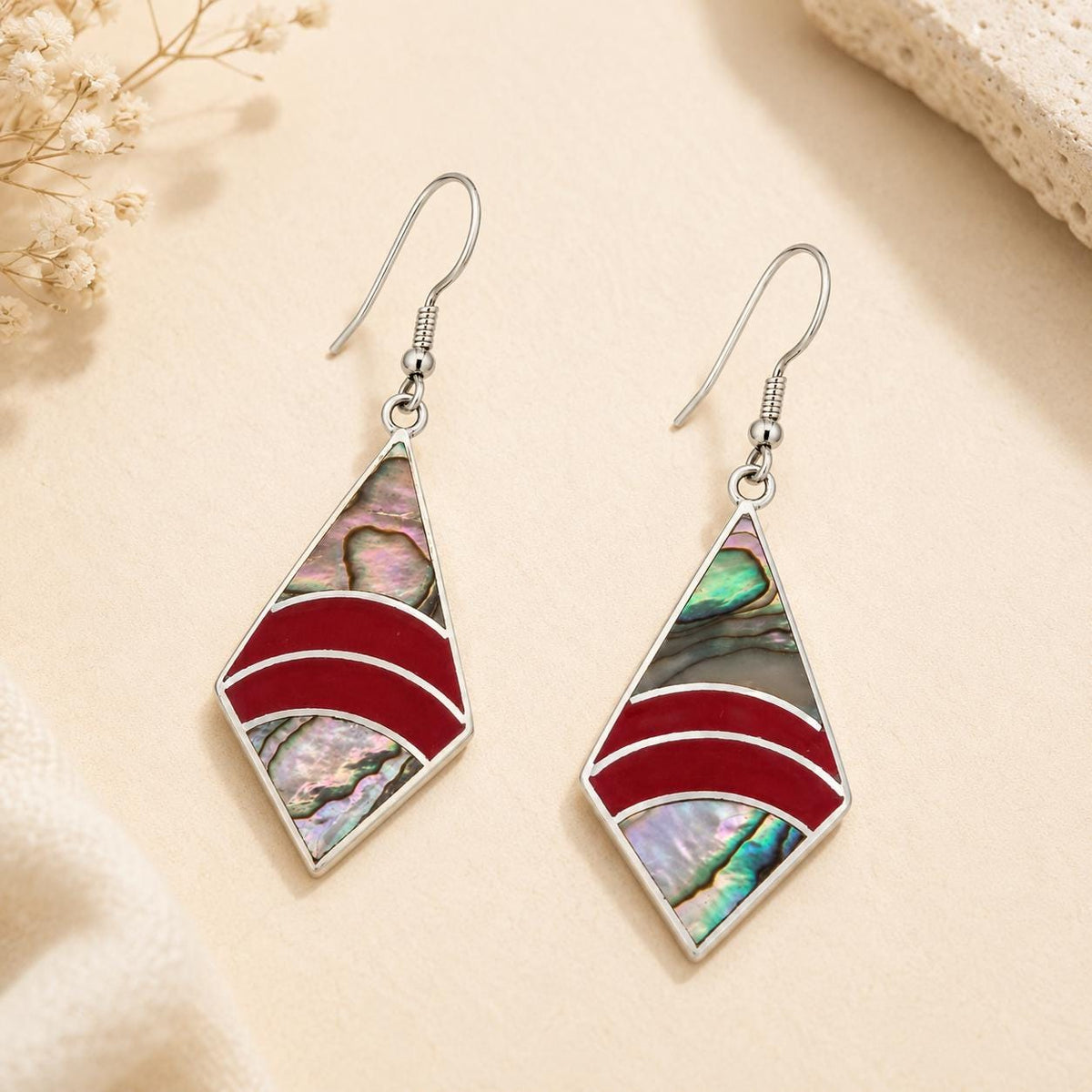 Handcrafted Silver Plated Abalone Shell Earrings – Geometric Rhombus Design from Taxco