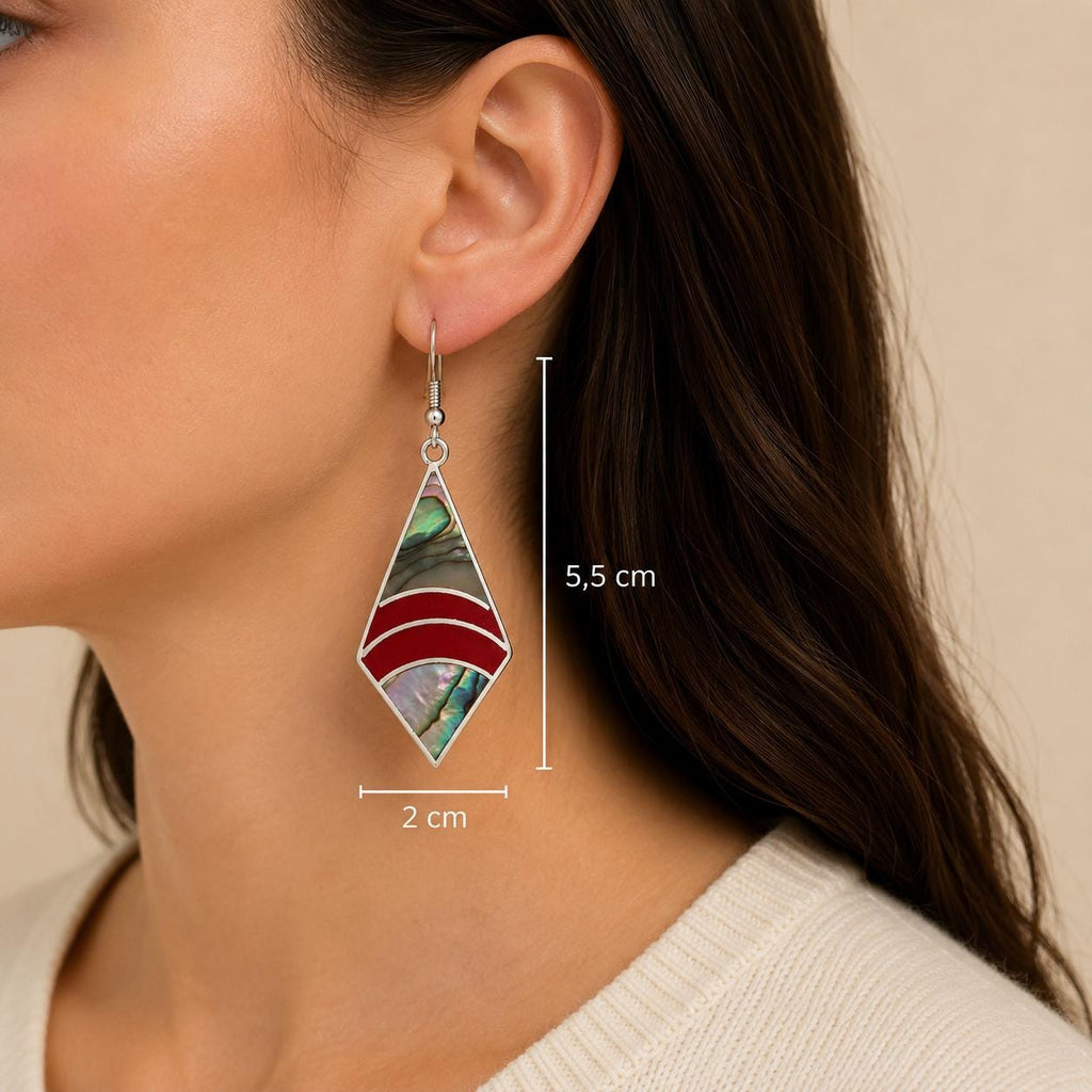 Handcrafted Silver Plated Abalone Shell Earrings – Geometric Rhombus Design from Taxco