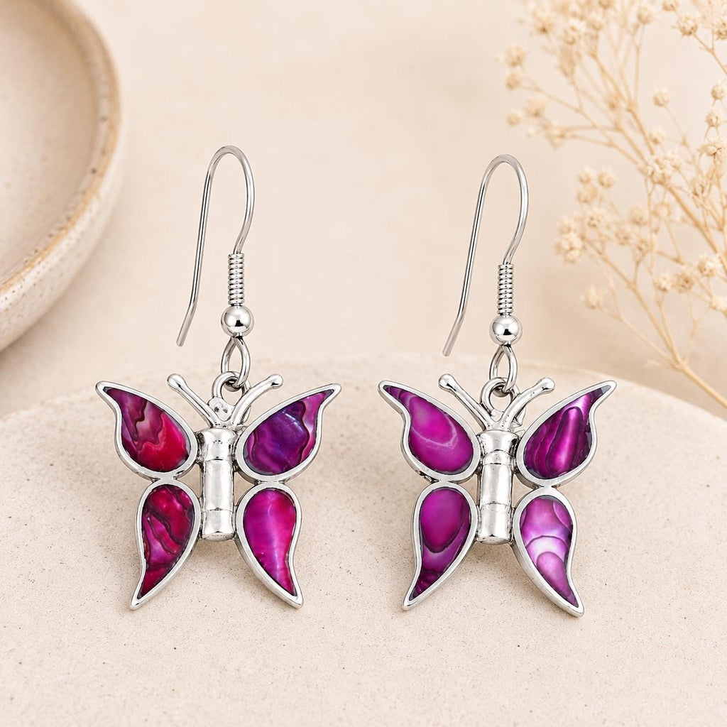 Handcrafted Pink Abalone Butterfly Earrings: Boho Silver Plated Jewelry from Mexico
