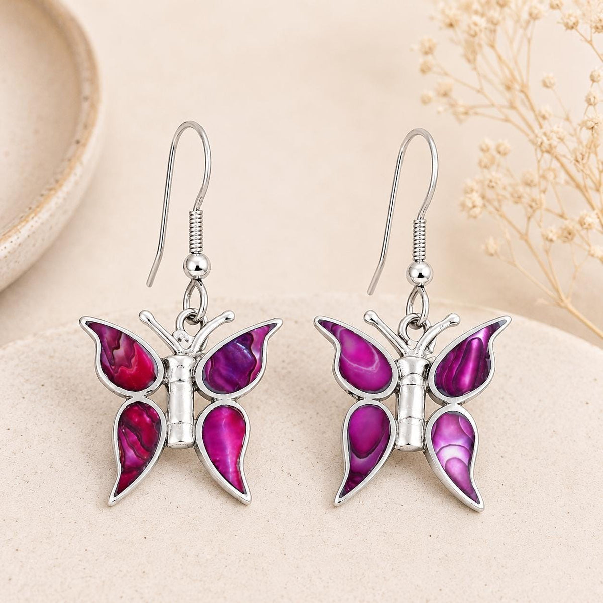 Handcrafted Pink Abalone Butterfly Earrings: Boho Silver Plated Jewelry from Mexico