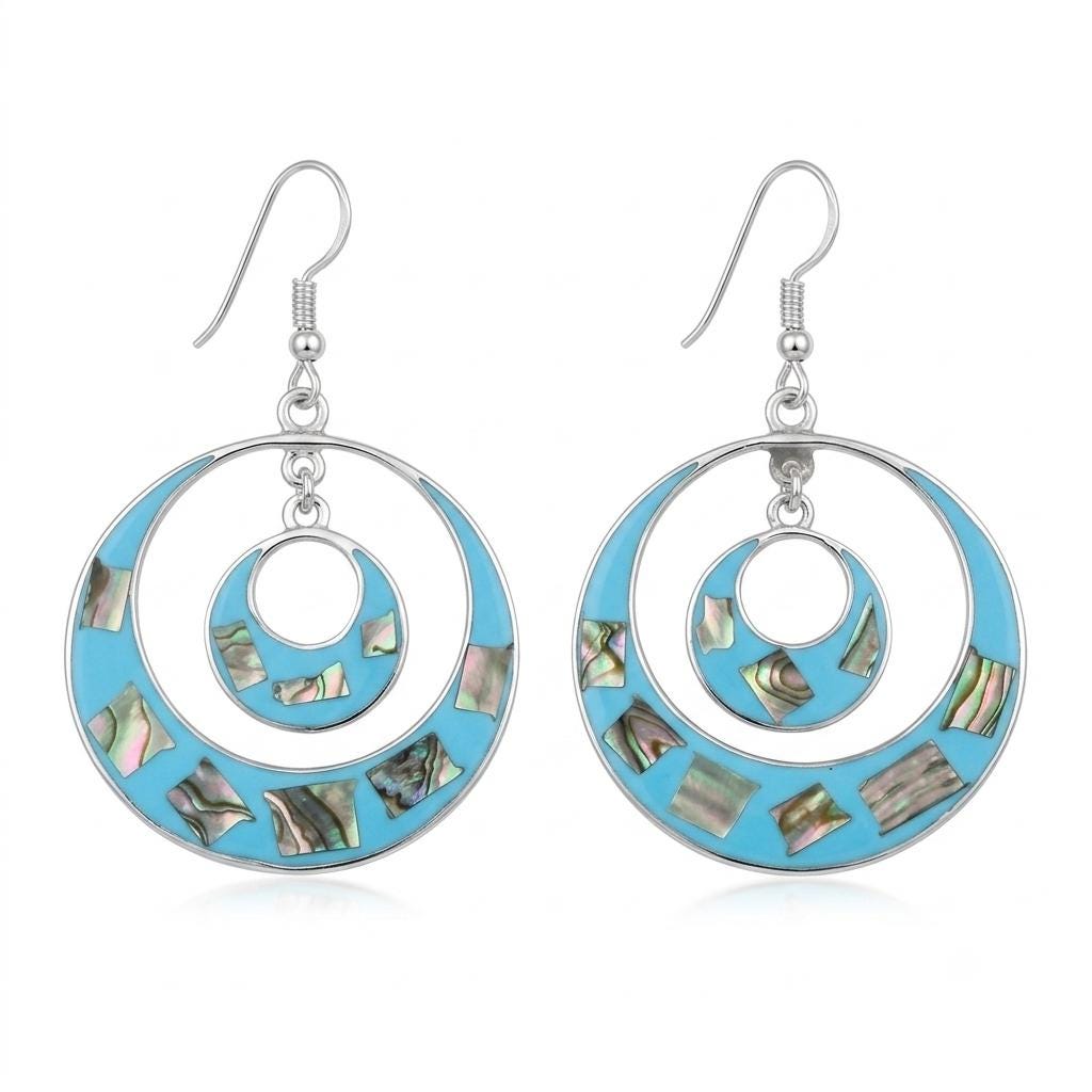 Vintage Taxco Silver Hoop Earrings – Abalone Inlay, Art Deco Style Jewelry