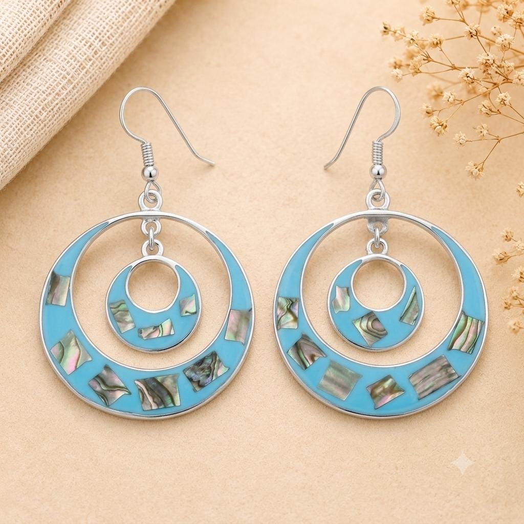 Vintage Taxco Silver Hoop Earrings – Abalone Inlay, Art Deco Style Jewelry