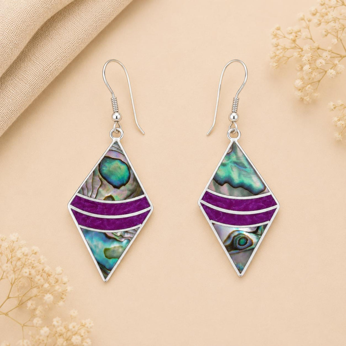 Art Deco Abalone Shell Rhombus Earrings, Silver Plated, Handmade Mexico