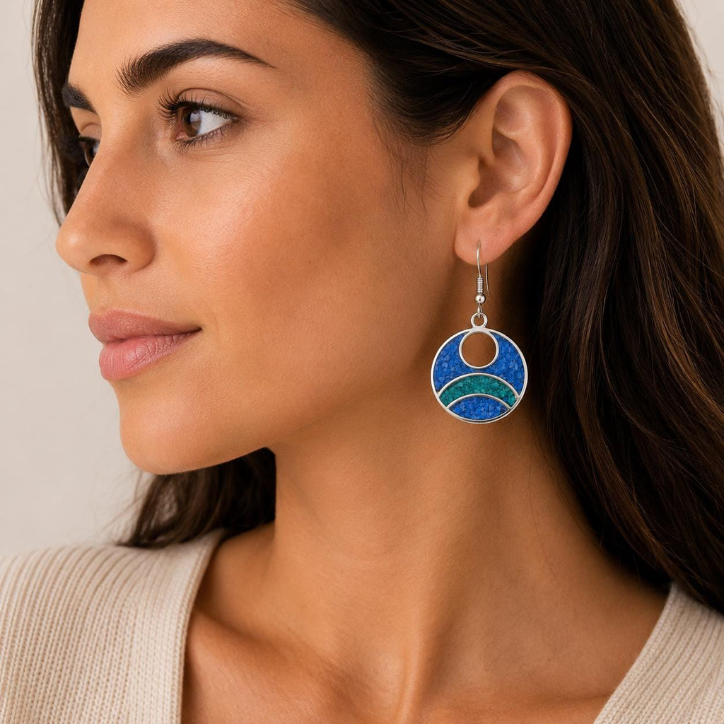 Mexican Silver Plated Turquoise & Malachite Hoop Earrings - Unique Boho Chic Jewelry from Taxco