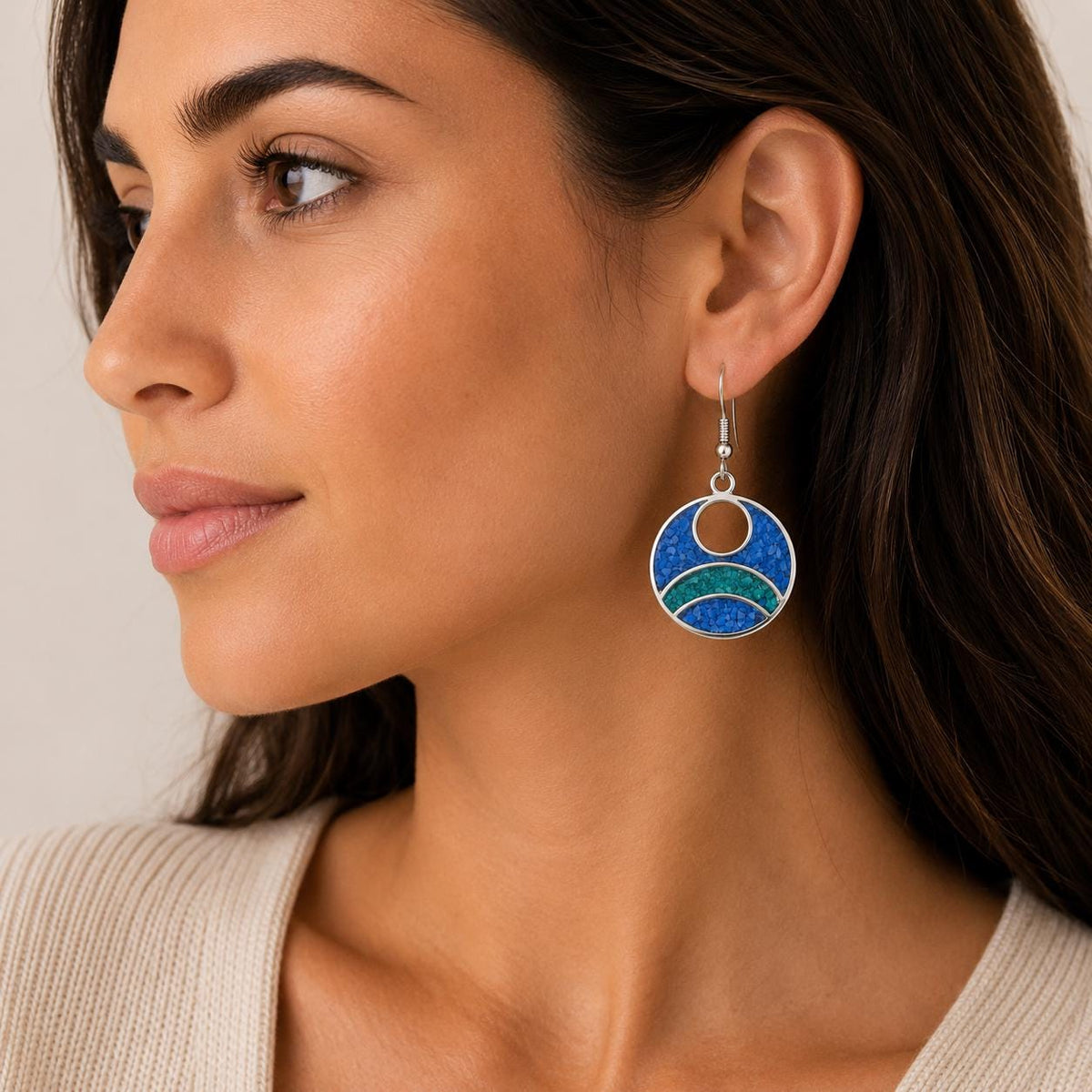 Mexican Silver Plated Turquoise & Malachite Hoop Earrings - Unique Boho Chic Jewelry from Taxco